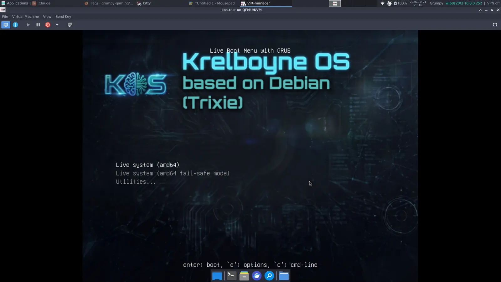 Branded GRUB live boot menu reading Krelboyne OS based on Debian Trixie