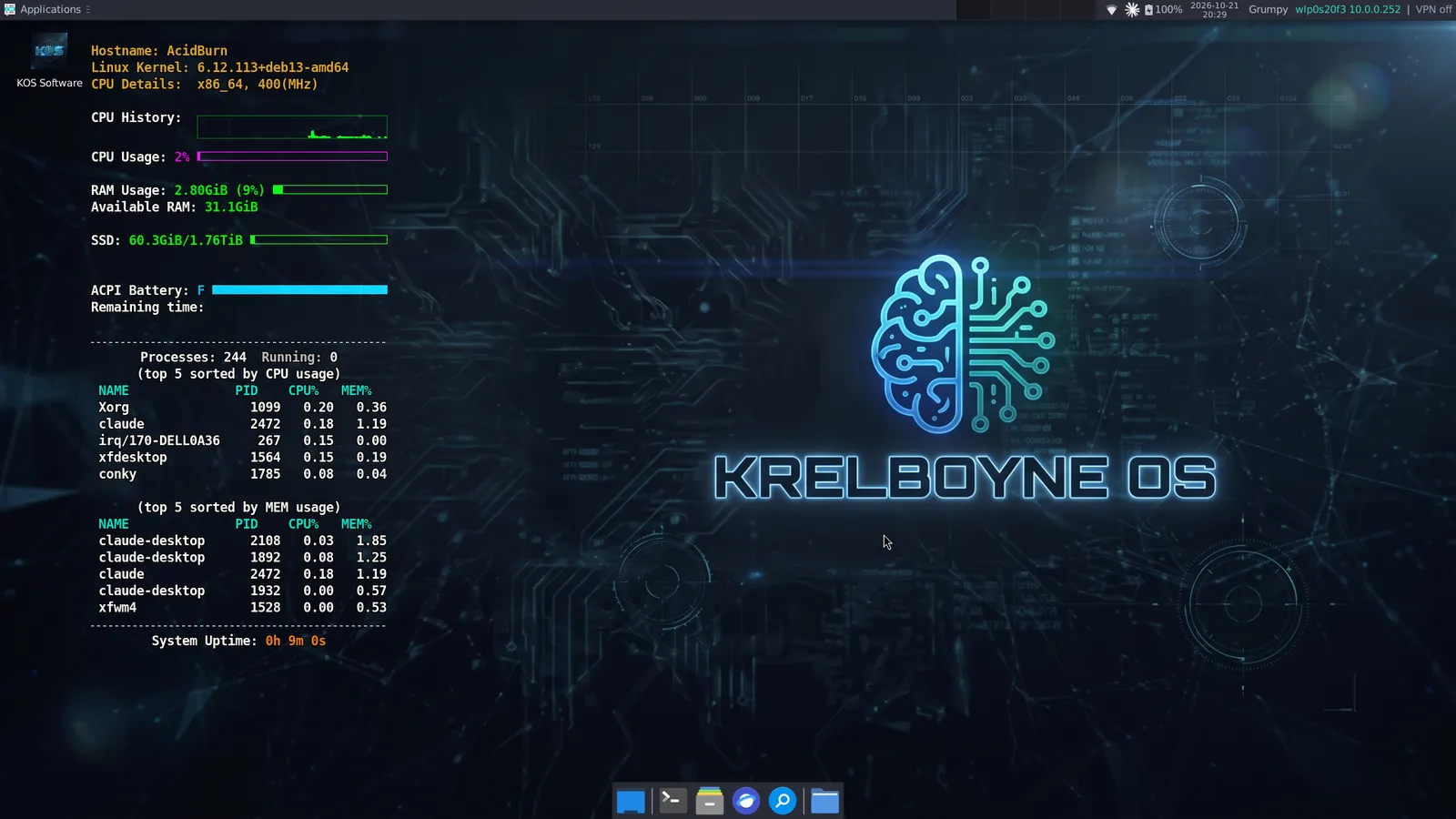 Xfce desktop with the KrelboyneOS wallpaper and the conky system monitor