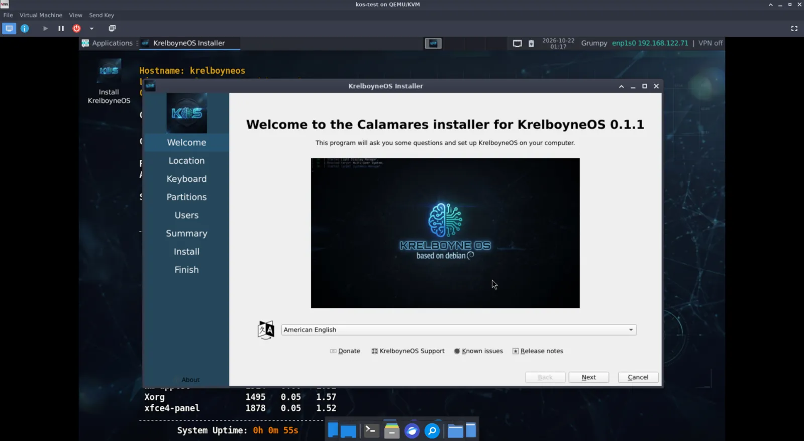 Calamares installer welcome page for KrelboyneOS 0.1.1