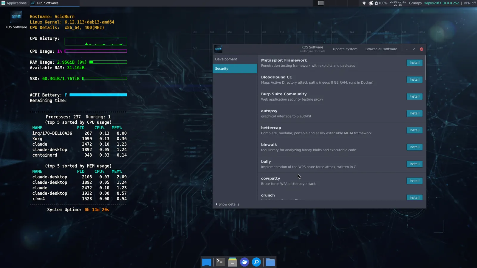 KOS Software app listing optional security tools such as Metasploit, BloodHound CE and Burp Suite